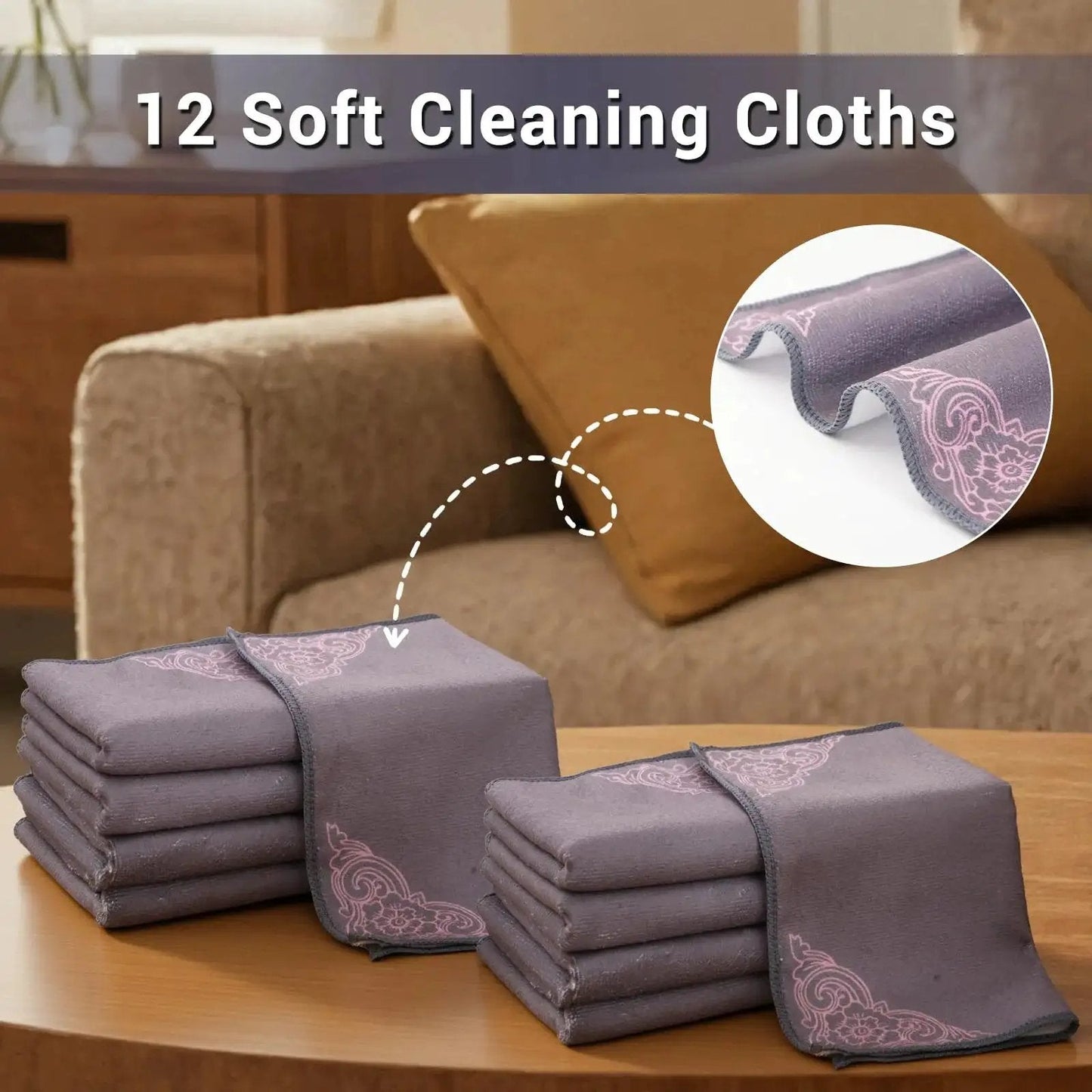 Stacks of 12 Pack Microfiber Cleaning Cloths For Cars And Home Ultra Absorbent Towels on a table