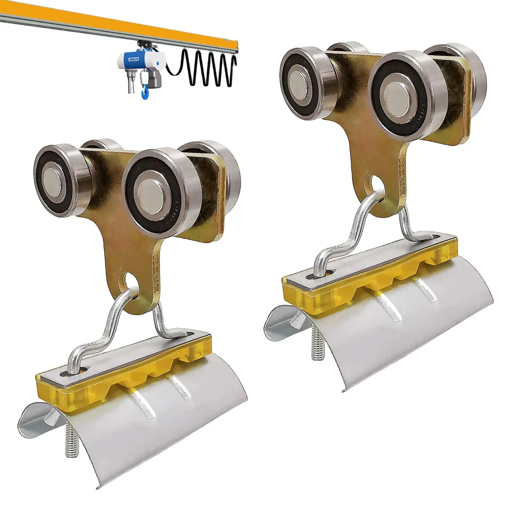 Four Wheel Cable Trolley System With Four Bearing Trolley Assembly for 1-5/8 Inch strut channel, includes two trolleys, front view