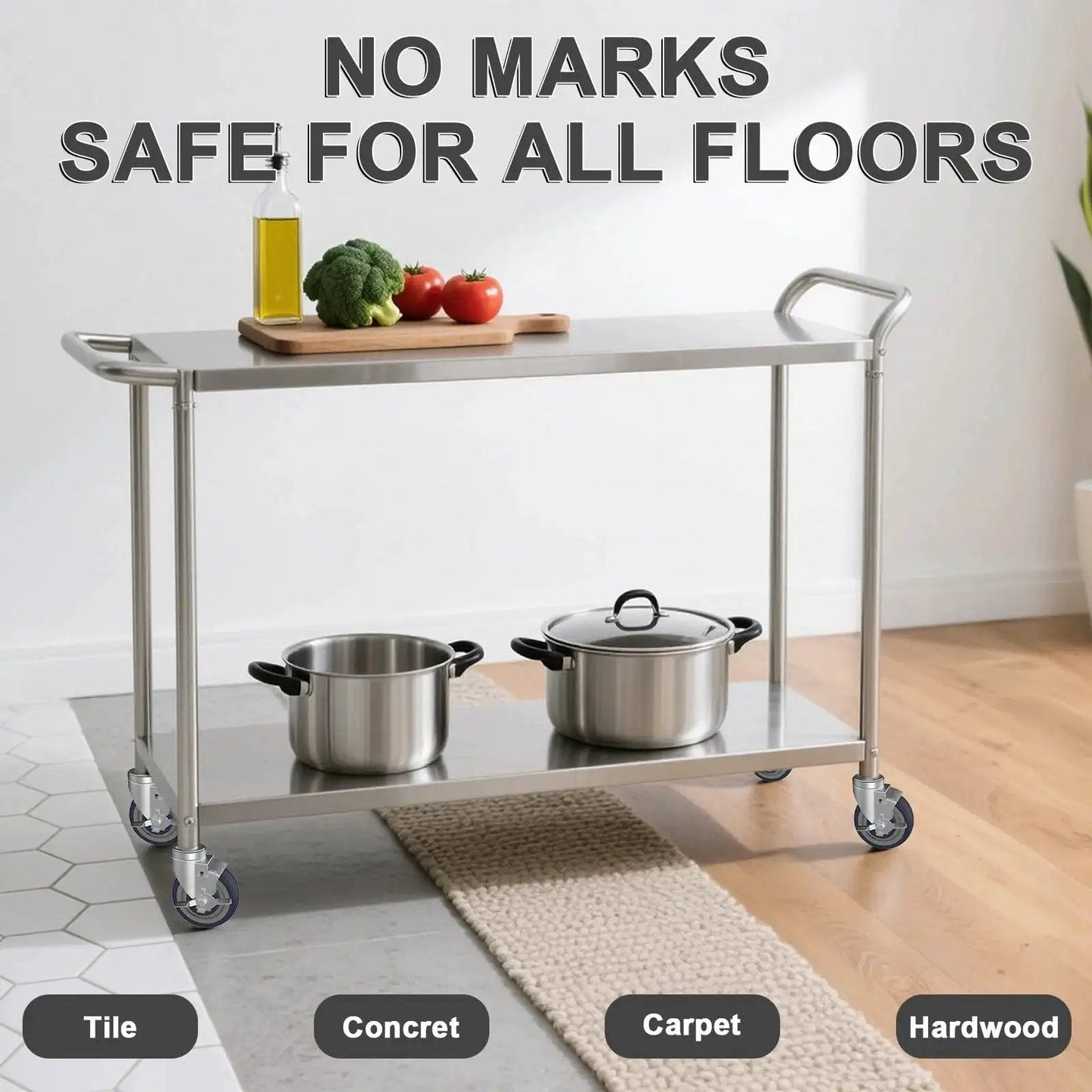 4 Inch Prep Table Casters Set Of 4 With Brakes For Commercial Kitchen Tables, mobile cart with stainless steel top, pots on lower shelf