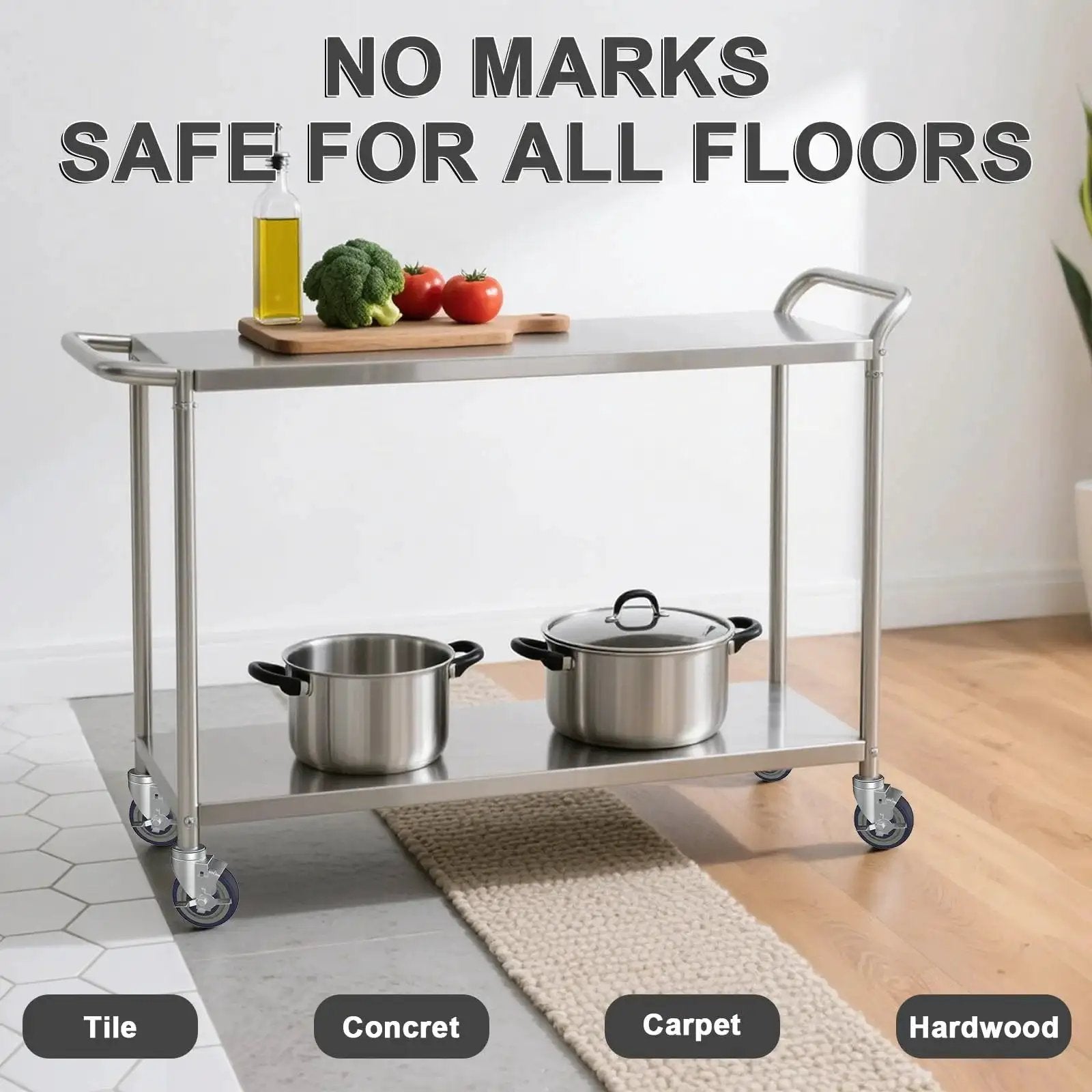 4 Inch Prep Table Casters Set Of 4 With Brakes For Commercial Kitchen Tables, mobile cart with stainless steel top, pots on lower shelf
