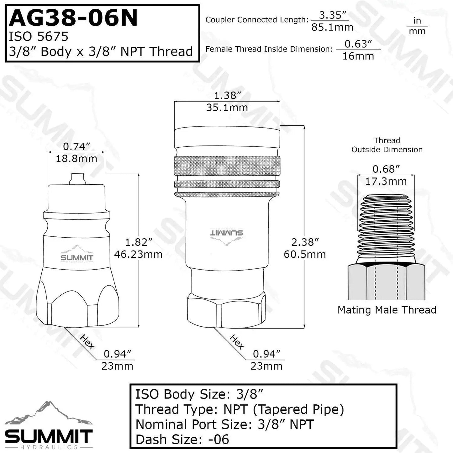 Technical diagram of Rugged Three Eighths Inch Ag ISO 5675 Hydraulic Quick Connect Pioneer Style Couplers with dimensions and threads.