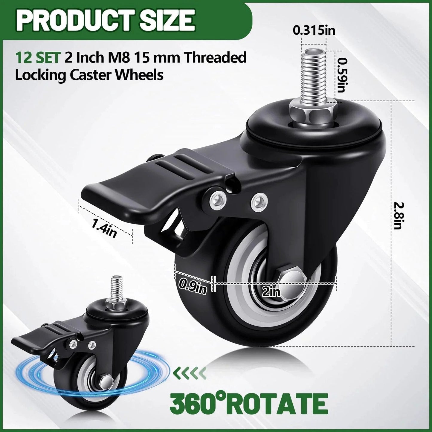 Set Of 12 M8 Caster Wheels 2 Inch Heavy Duty Swivel Locking Desk Carts Furniture Wheels With Dual Brakes, 15 Mm Threaded Stem
