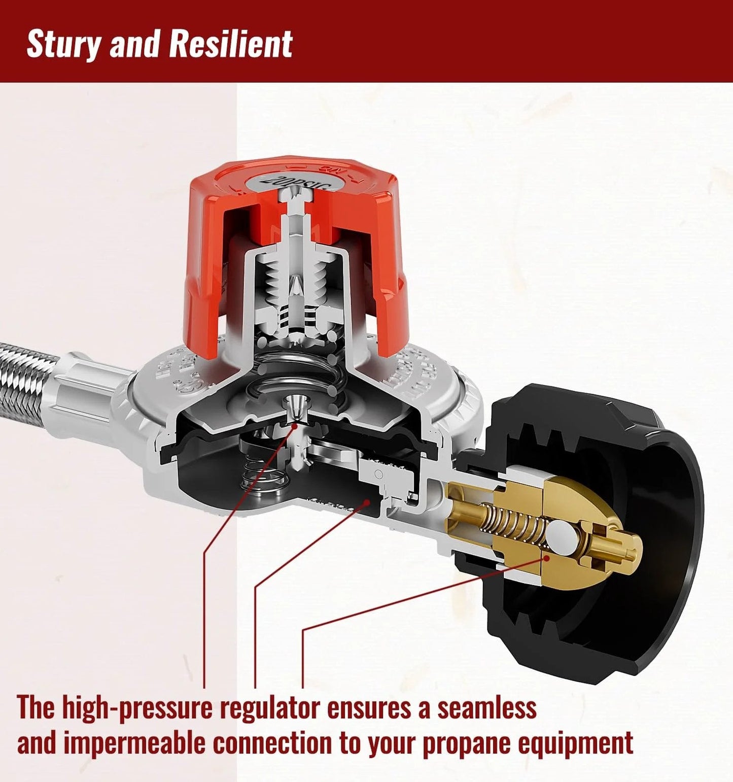 Cutaway view of high pressure 5 foot propane regulator hose with adjustable 0 to 20 PSI braided stainless steel, brass fittings