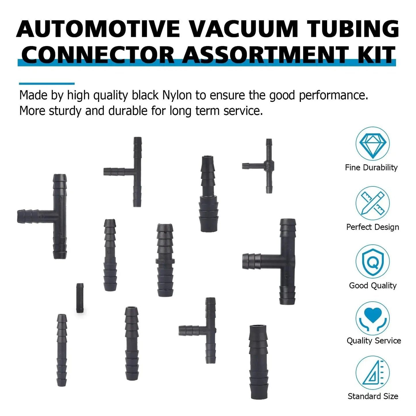 115 Piece Vacuum Connector Kit With Heat Resistant Nylon 66 Tubing Fittings Up To 240 C 460 F, 12 sizes black connectors