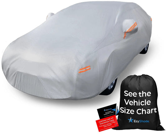 All Weather 10 Layer Car Cover For SUVs And Sedans Waterproof Exterior Outdoor Protection With Size A4 See Size Chart Durable Dustproof UV Shield Ready To Roll on a vehicle with storage bag and size chart.