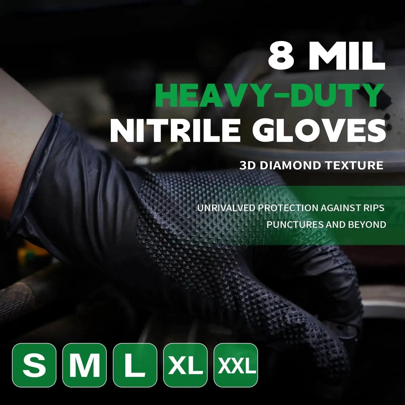 Heavy Duty Black Nitrile Disposable Gloves 8 Mil Powder Free 100 Count X Large shown on hand working with tools.