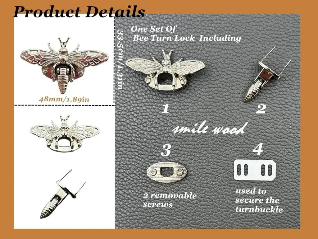 Bee Shaped Turn Lock Clasp Set for Purses and Handbags, 5 Pack Includes Daisy Keychain, Dark Tone Metal Latch Hardware detail view