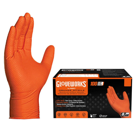 Orange Nitrile Work Gloves 8 Mil Heavy Duty Raised Diamond Grip Large Box 100 with glove displayed beside packaging