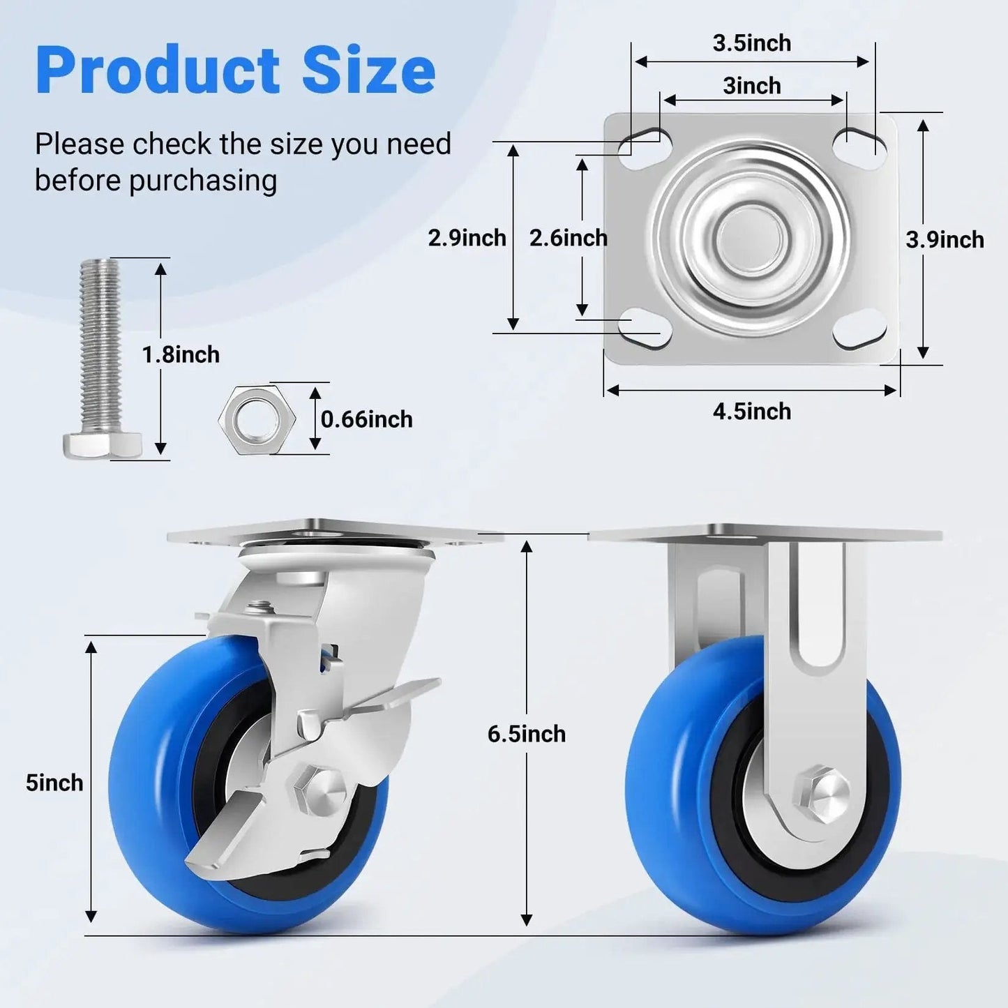 Diagram showing size details of 5 Inch Heavy Duty Caster Set Of Four With 3500 Lbs Industrial Grade Capacity And Upgraded Thickened Bracket