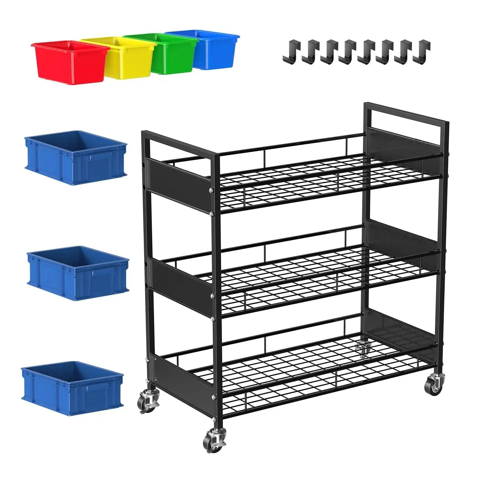 Heavy Duty 3 Tier Metal Utility Cart With Locking Casters And 330 Lbs Load Capacity Rolling Storage Organizer with bins and hooks