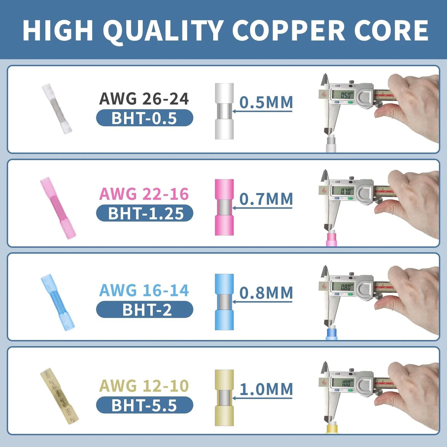 Heat Shrink Butt Connector Pack 200 Pieces Waterproof Crimp Electrical Wire Connectors For Automotive Marine And Home Wiring No Fuss Repair And Maintenance Durable Tinned Copper Pro Grade Butt Splice Terminals, showing size comparisons using calipers.