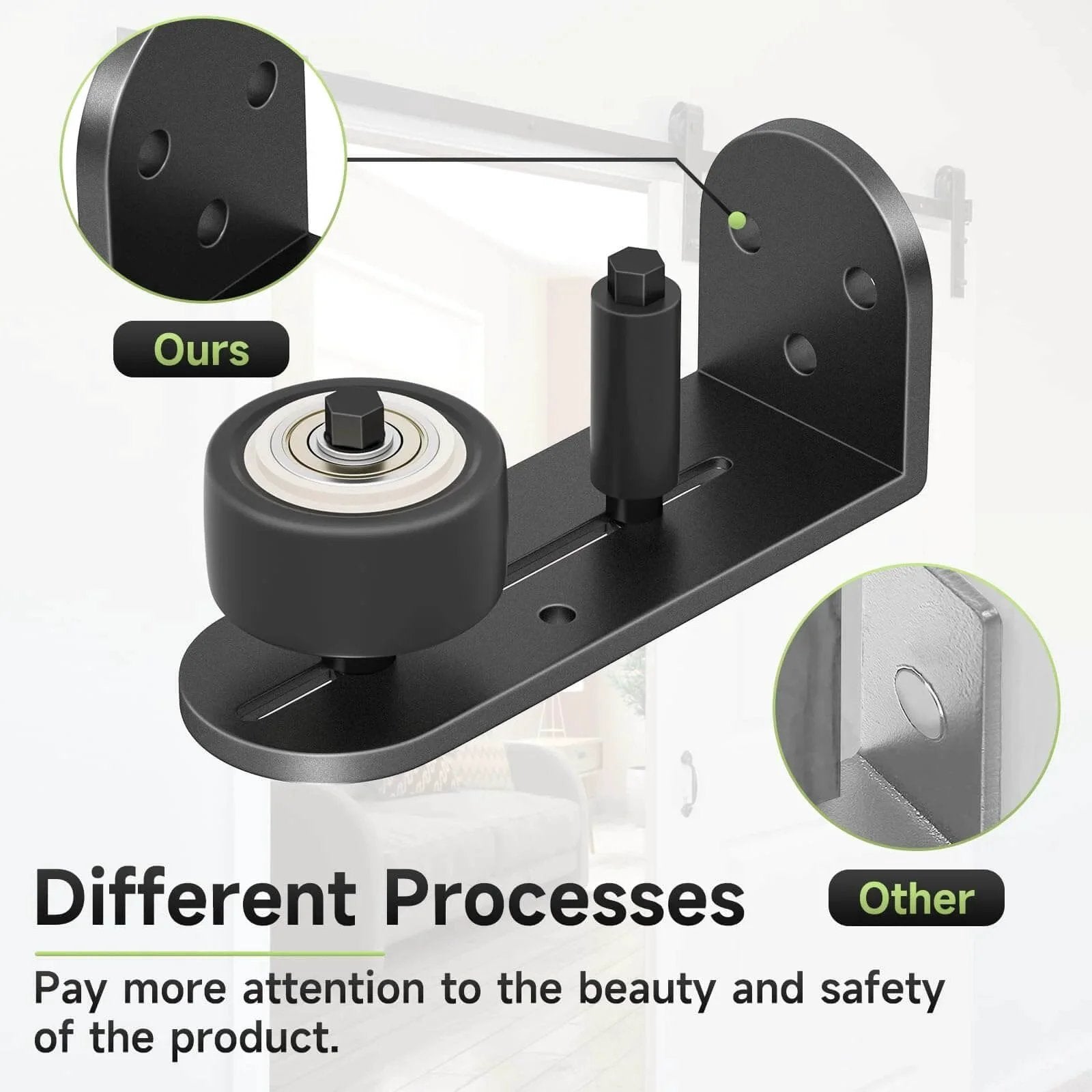 Image of 2 Pack Sliding Barn Door Floor Guide Set With Quiet Bearing and Adjustable Rubber Rollers, showing design comparison.