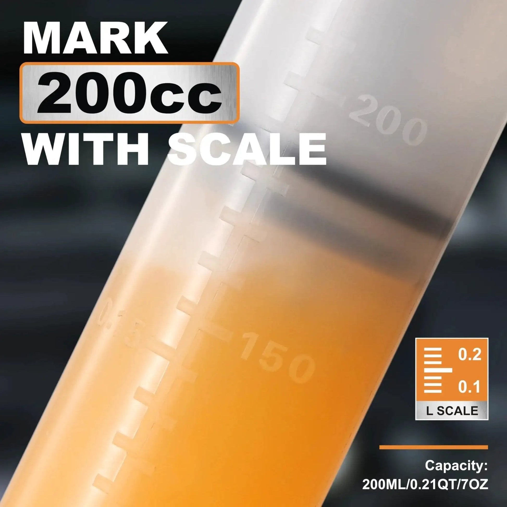 Close-up of 200cc Fluid Extractor And Fill Pump For Automotive Use With 23 Inch Reach Hose showing measurement scale.