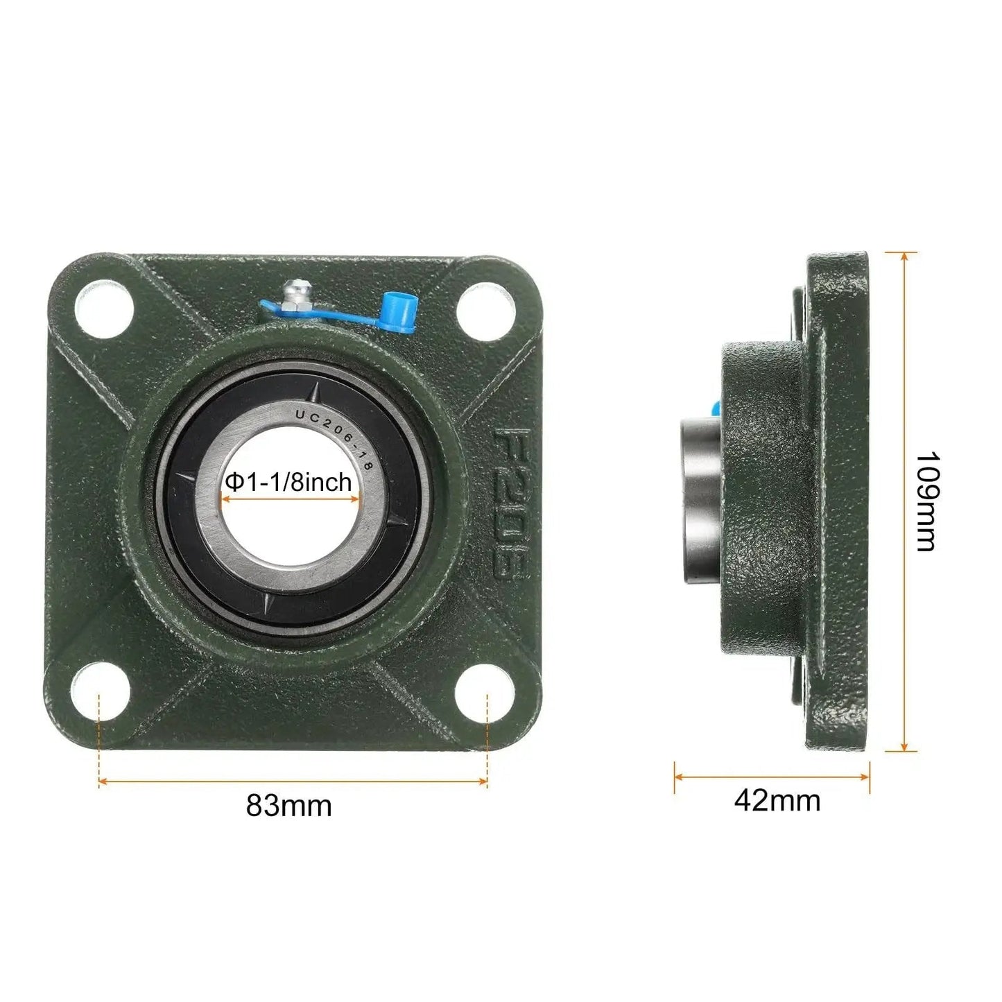 Front and side view of Pillow Block Bearing UCF206-18 With One And One Eighth Inch Bore Self Alignment In Solid Cast Iron Base