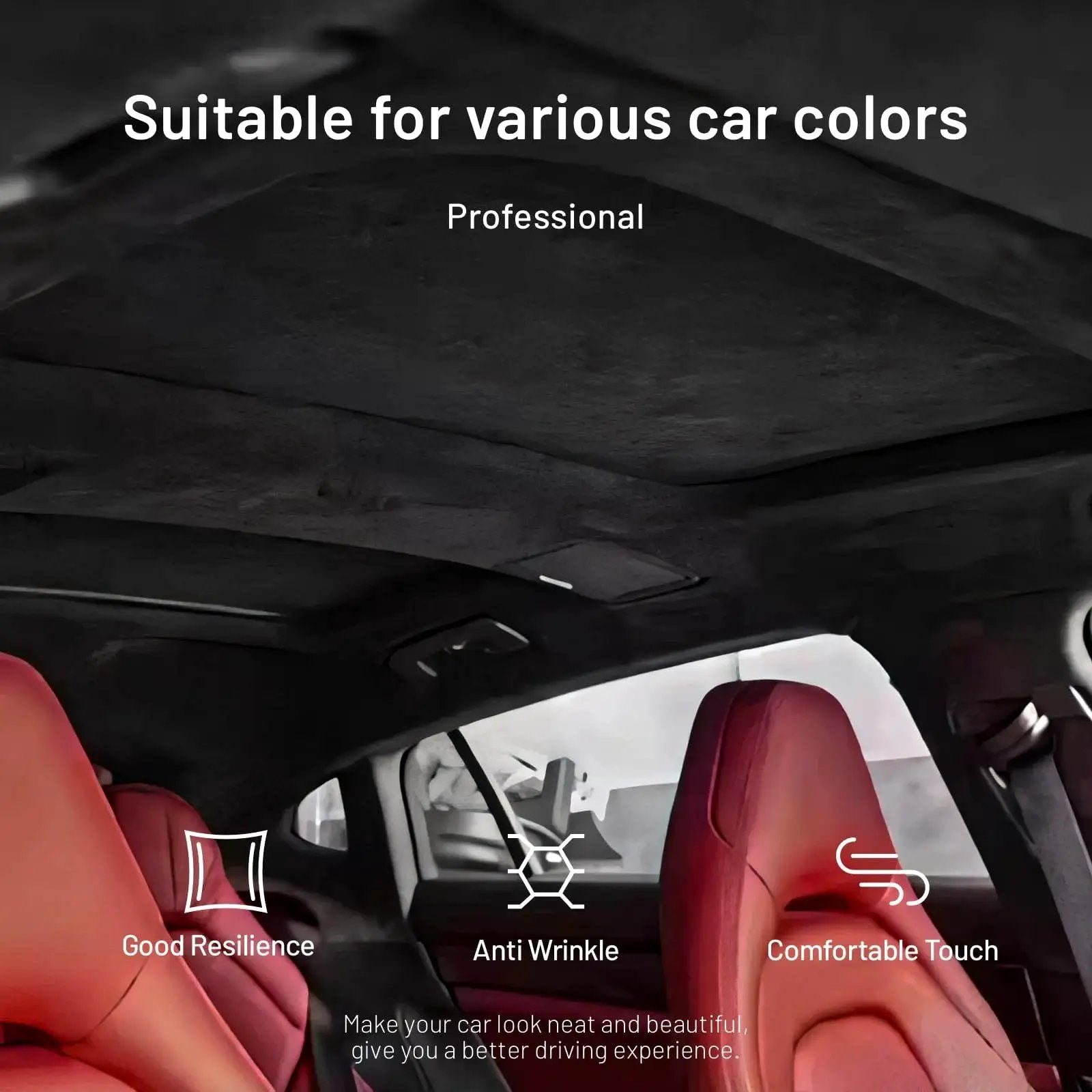 Interior view showcasing Suede Headliner 98 By 58 With Foam Backing Tube Packaging For Vehicle Interior installed in a car.