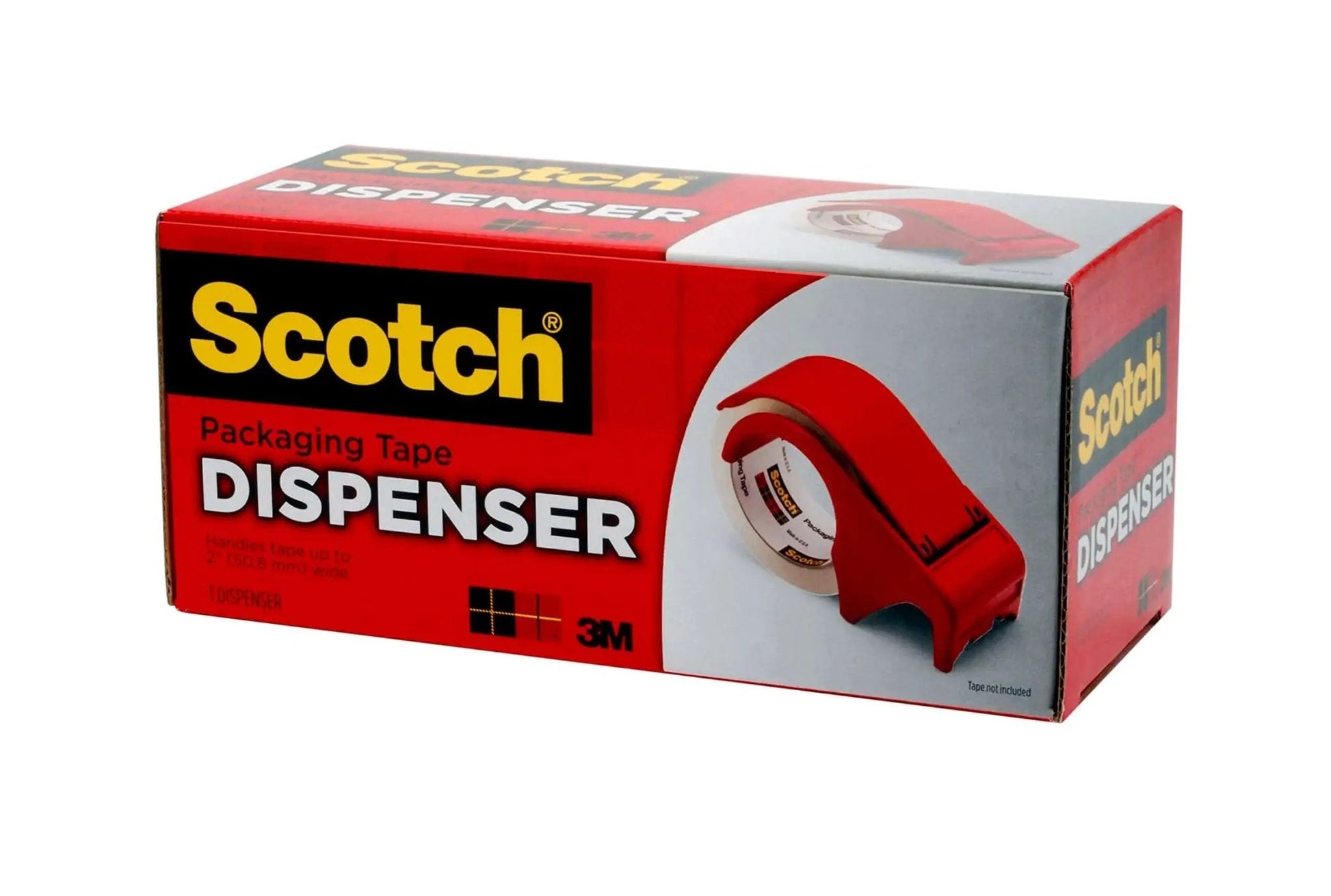 Box showing portable heavy-duty packaging tape dispenser with hand brake for 3 in (76 mm) core rolls up to 2 in (50 mm) wide, red refillable