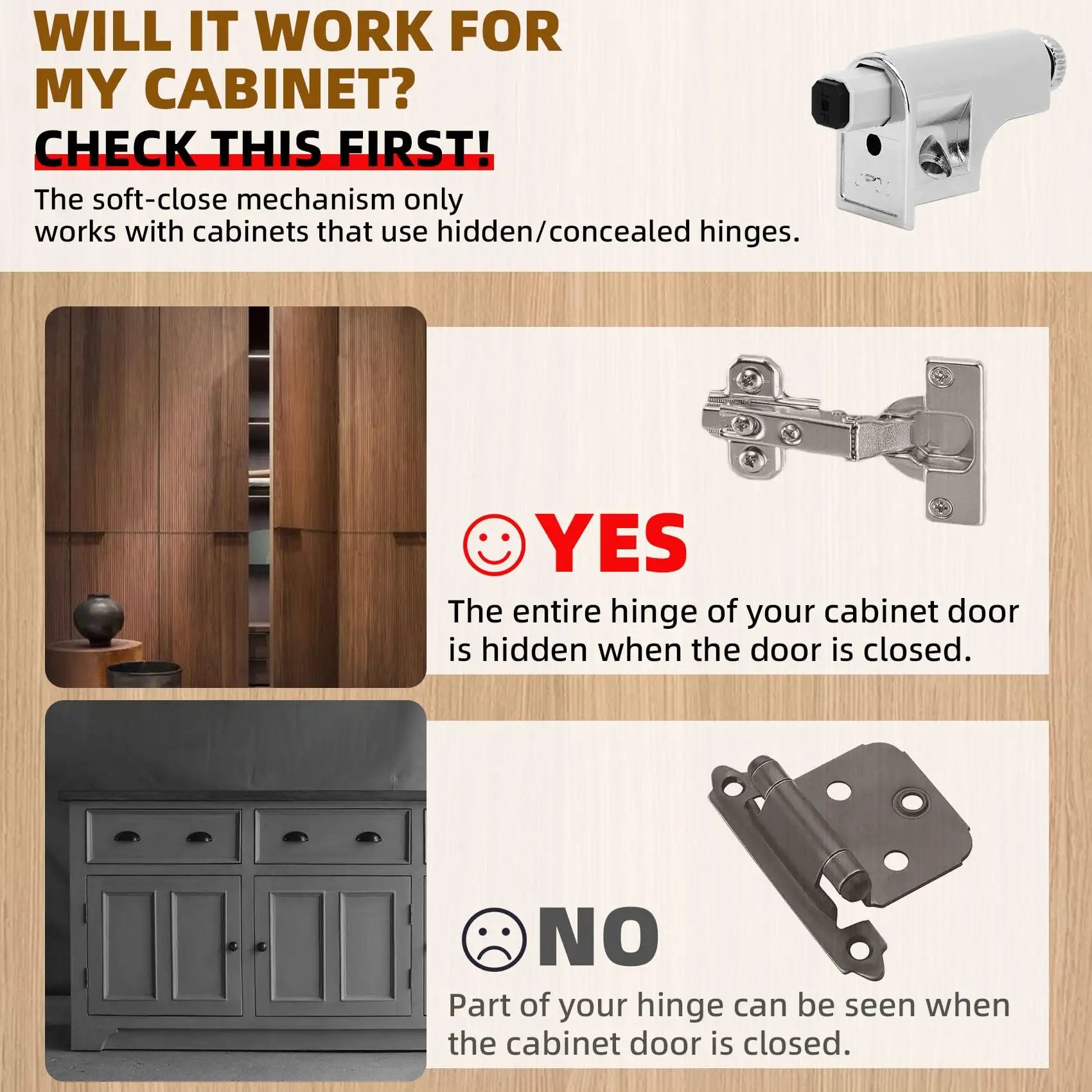 Diagram showing compatibility of Soft Close Cabinet Dampers Set Of 10 For Cabinets Wardrobes Kitchen And Bookcases with concealed hinges.