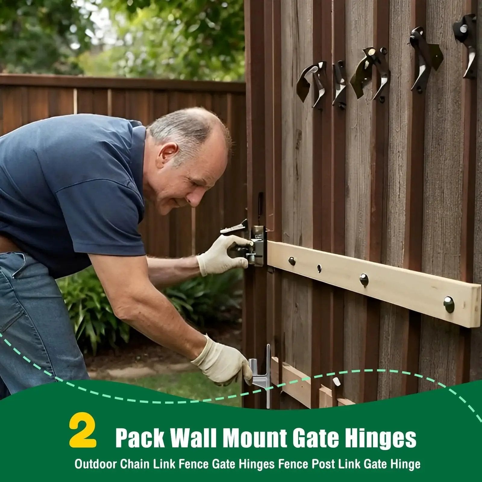 Man installing 2 Pack Stainless Steel Wall Mount Gate Hinges With 5/8 Inch Pins on wooden gate, demonstrating easy install.