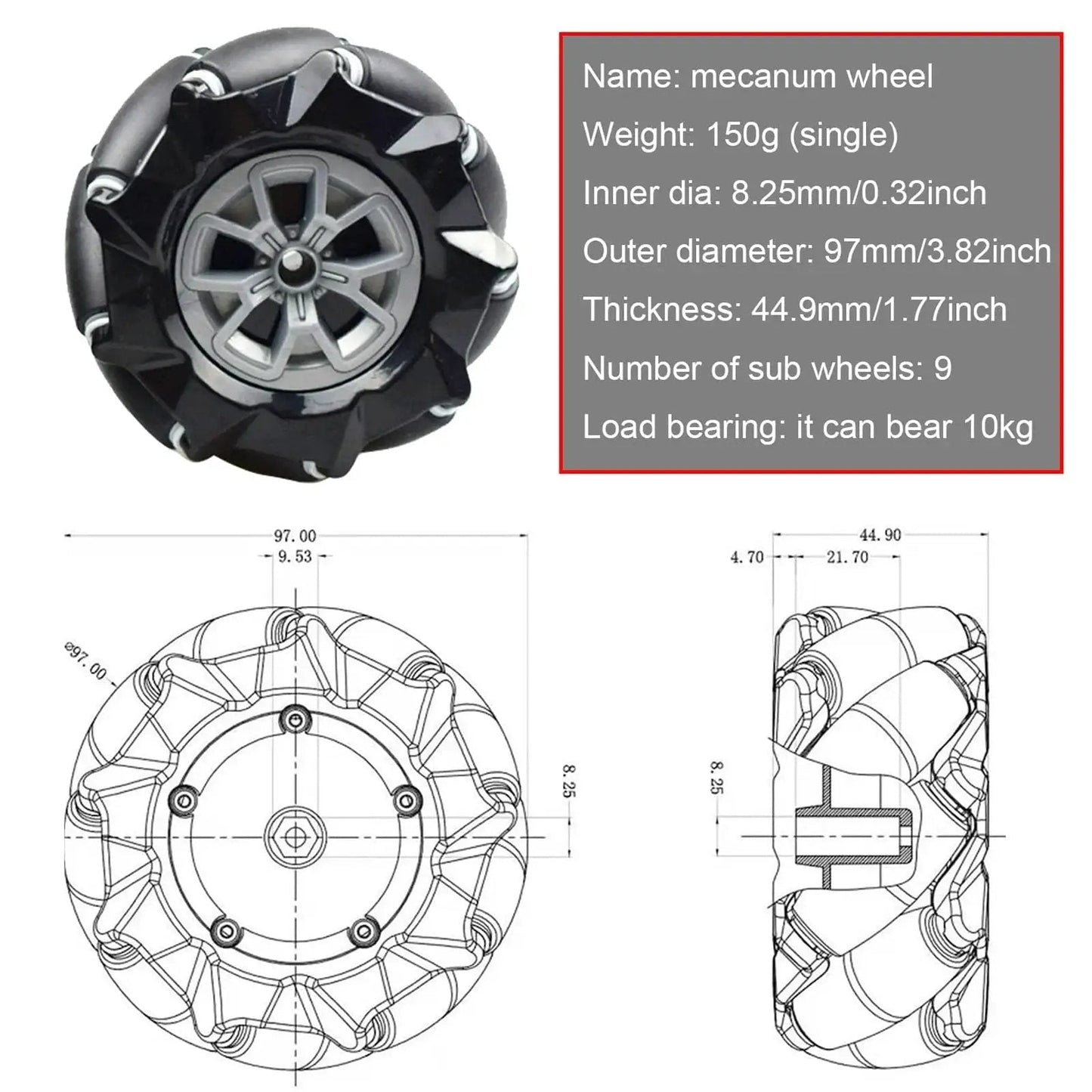 Professional 4WD Metal Robot Car Chassis Kit With 97mm Mecanum Wheels product image showing wheel specifications and design diagrams.