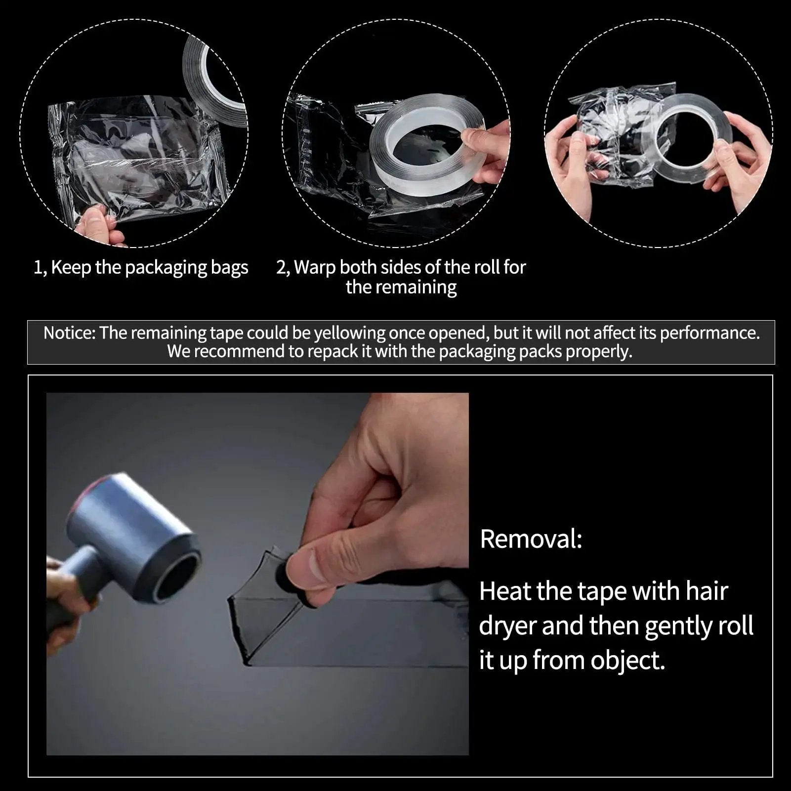 Demonstration of using Double-Sided Mounting Tape 10 Ft Removable Adhesive Foam Tape Transparent For Household Use Multipurpose Strong Gel-Acrylic Adhesion With Nano-Molecular Technology Residue-Free Removal Easy To Reposition And Reuse.