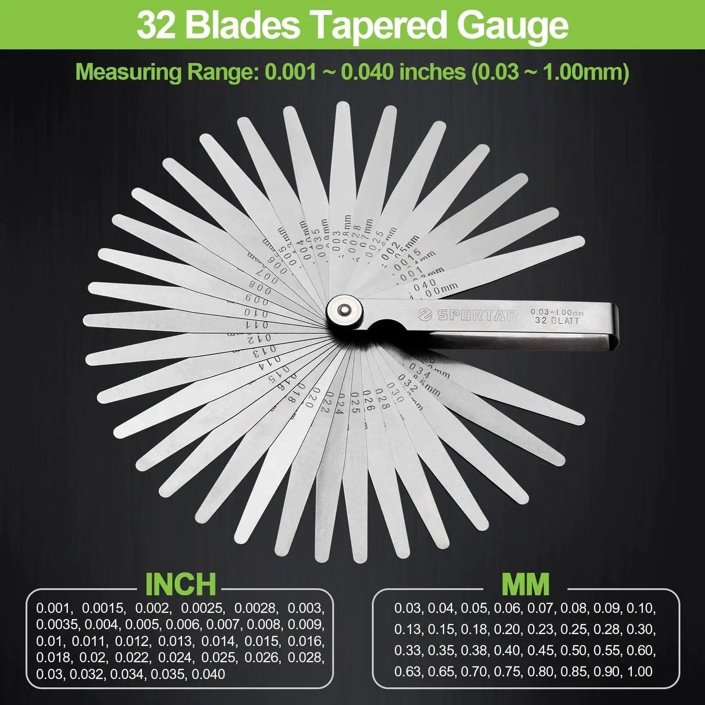 Dual Marked Feeler Gauge Set With 32 Tapered Stainless Steel Blades From 0.001 To 0.04 Inches SAE And Metric Readouts