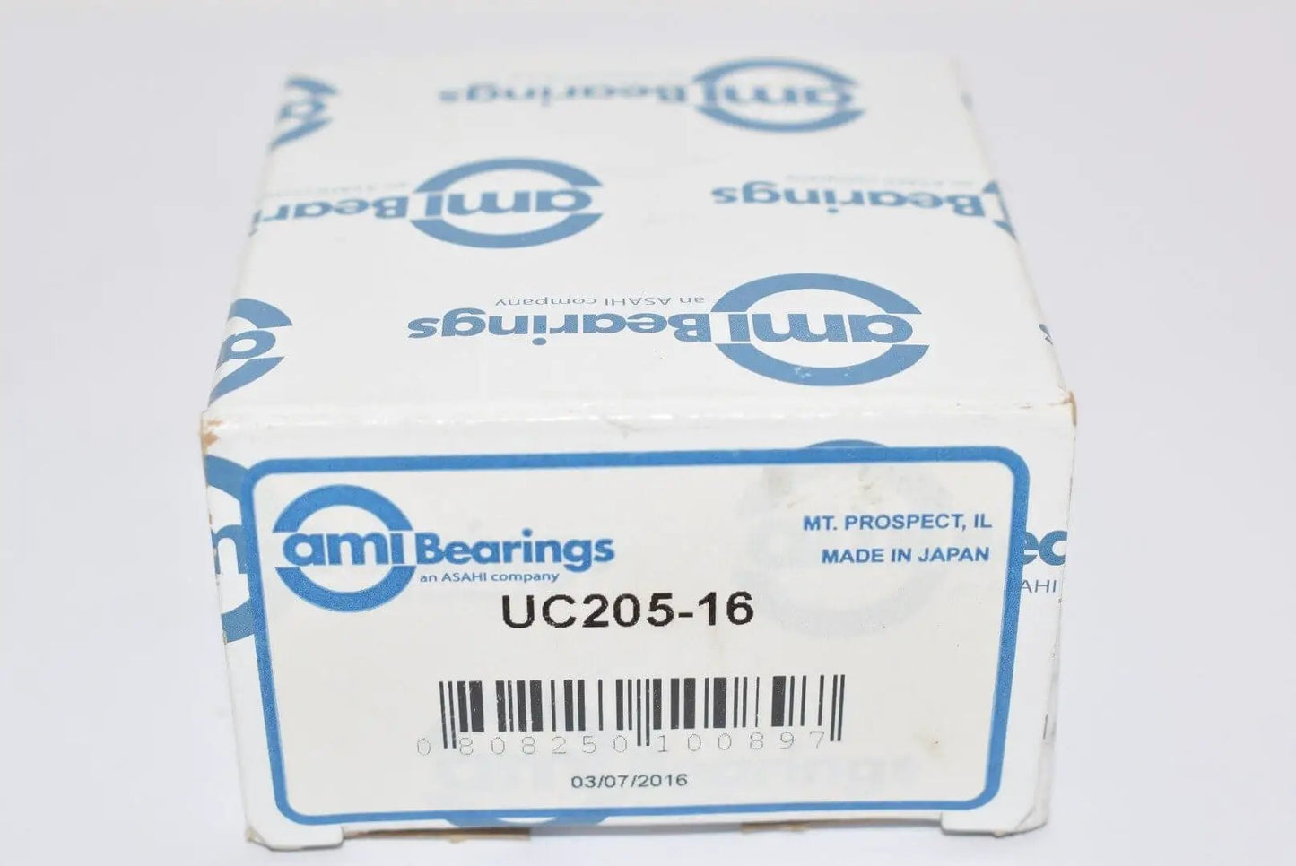 Box of AMI Bearings UC205-16 for mounted insert pillow block, single pack with normal bore in mm, ID, OD and width specified for sealed ball bearing applications.