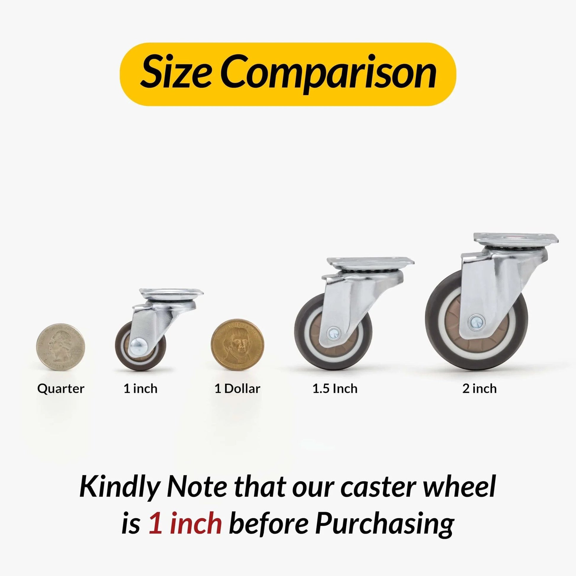 Size comparison of 1" Small Caster Wheels for Furniture - Low Profile Casters Set of 4 with coins for scale.