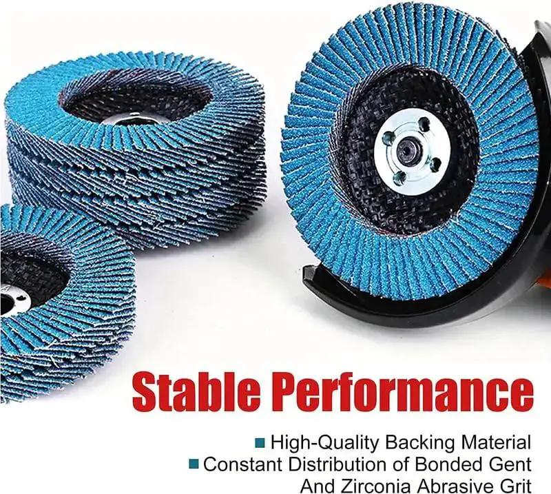 Premium Zirconia Flap Discs For Four And A Half Inch Angle Grinders 7 Eighths Inch Arbor 80 Grit High Density shown in blue.