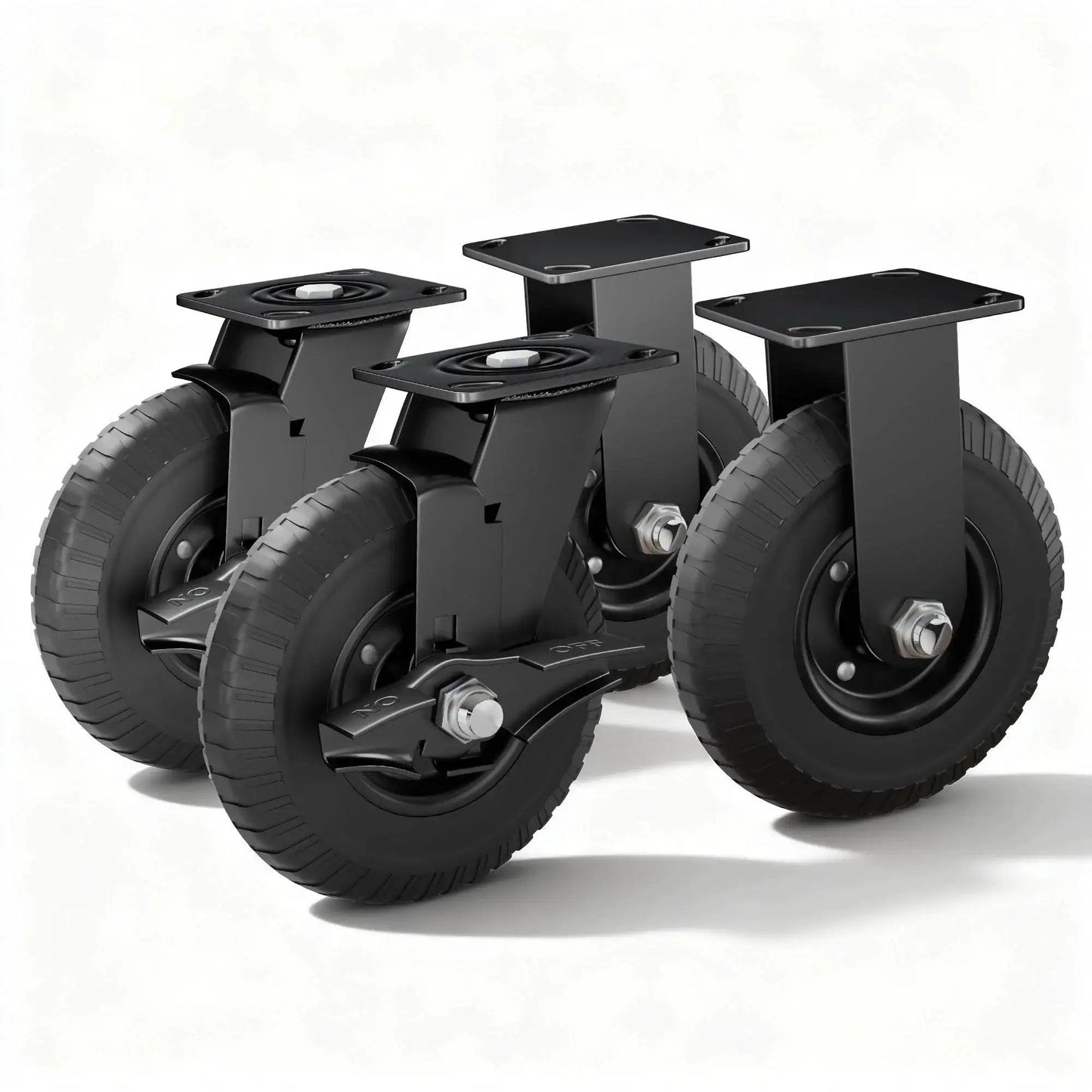 8 Inch Caster Wheels Set Of 4 With 2 Brakes And 2 Fixed Heavy Duty 2200 Lb Solid Rubber Plate Casters 360 Degree Swivel Knobby Tread