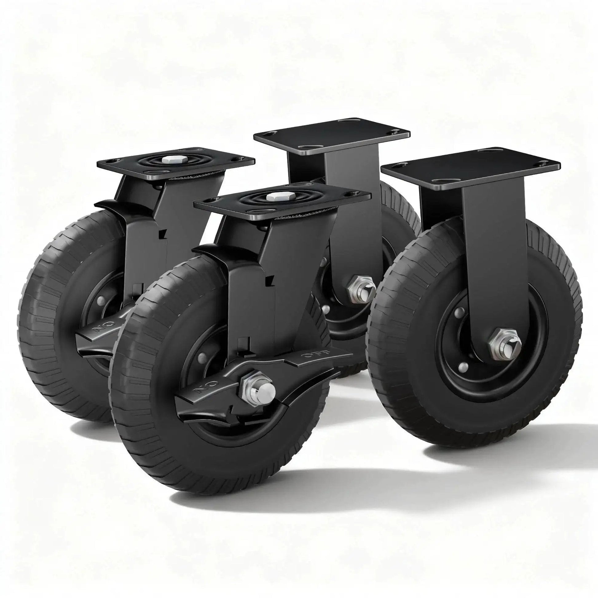 8 Inch Caster Wheels Set Of 4 With 2 Brakes And 2 Fixed Heavy Duty 2200 Lb Solid Rubber Plate Casters 360 Degree Swivel Knobby Tread