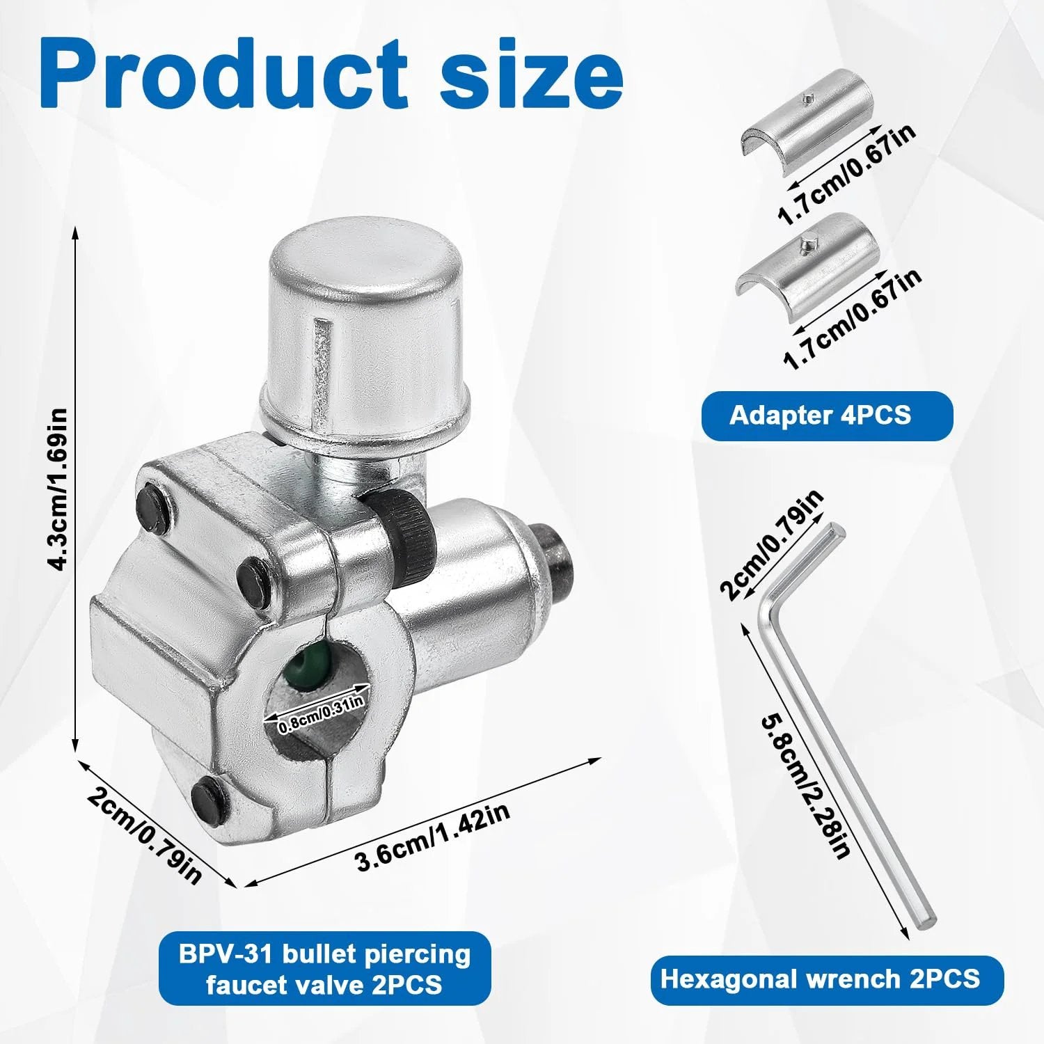 Product diagram of Piercing Valve Kit for Refrigerator Lines With Two BPV 31 Valves Two Hex Keys And Four Adapters In Zinc Alloy.