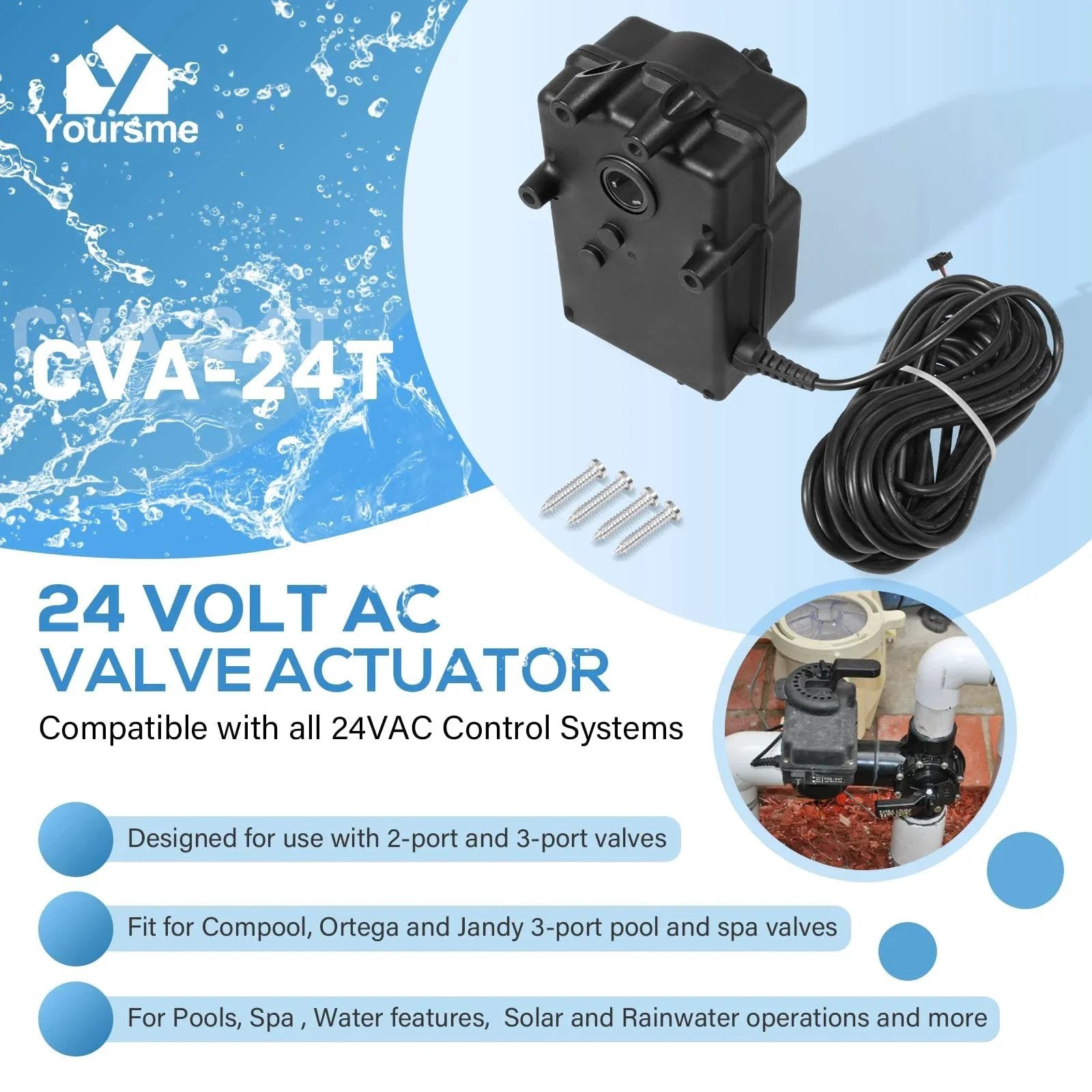 CVA24T Valve Actuator For 24VAC Pool Valves 2 Port Or 3 Port Replacement For Pentair 263045, 180 Degree Swing, 25 Ft Cable