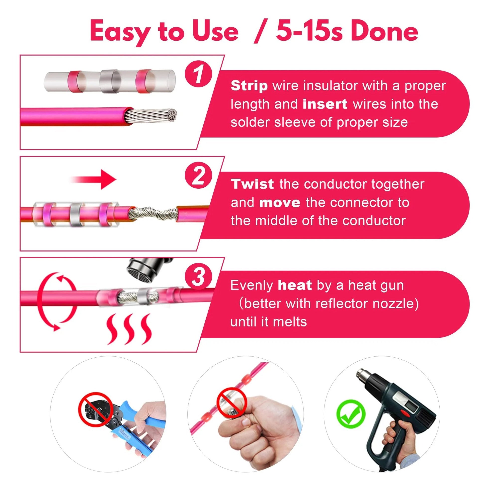 Instructions for Solder Seal Wire Connectors Kit For Marine And Auto, 100 Pcs Red Heat Shrink Butt Connectors AWG 22-18 usage.