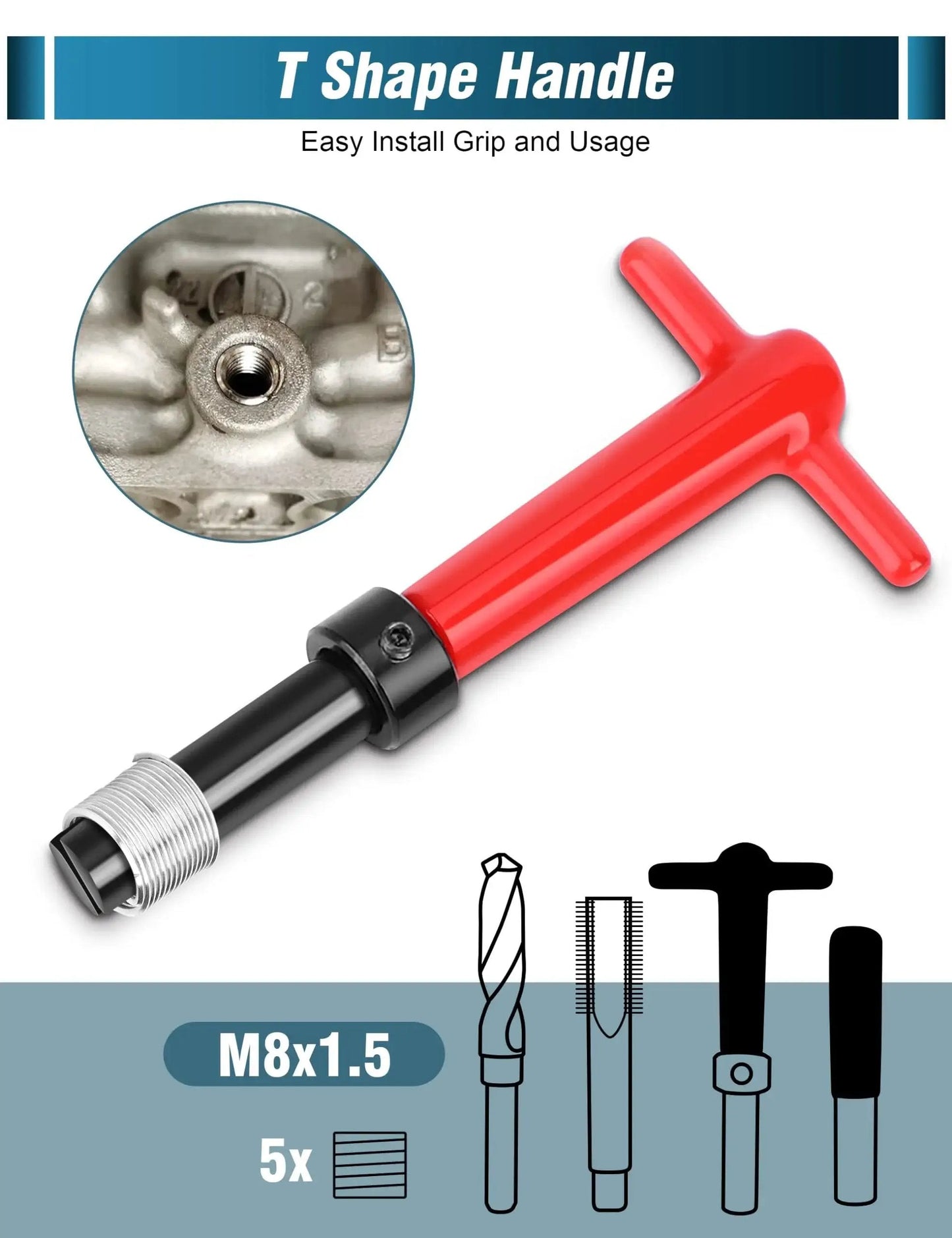 M18x1.5 Thread Repair Kit 10 Piece Helicoil Set With Thread Chaser Portable Metric Inserts For Auto Repair Designed To Fix Stripped Threads In Aluminum And Steel Holes Fast And Easy With Durable Stainless Steel Inserts And A Handy Go To Tool Kit with T shape handle and installation diagram visible.
