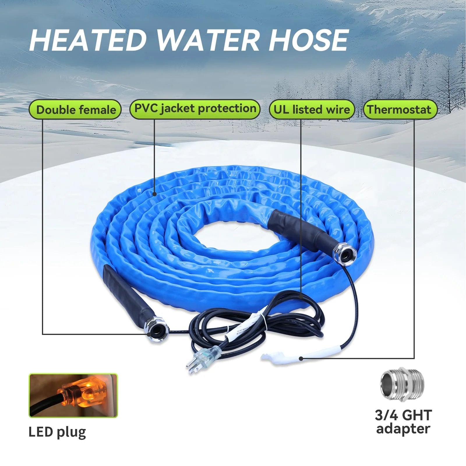 Heated Water Hose For RV 35Ft With Freeze Protection To Minus 20 Fahrenheit Energy Saving Thermostat And UL Listed Cable