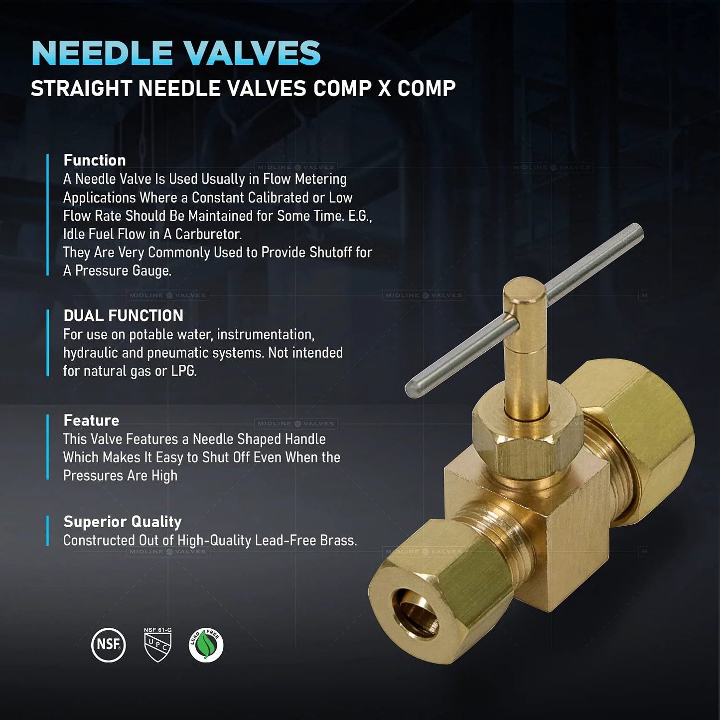 Three Eighths Inch Compression Needle Valve for Potable Water and Instrumentation Systems Pro Grade Durable Lead Free Brass One Piece Body