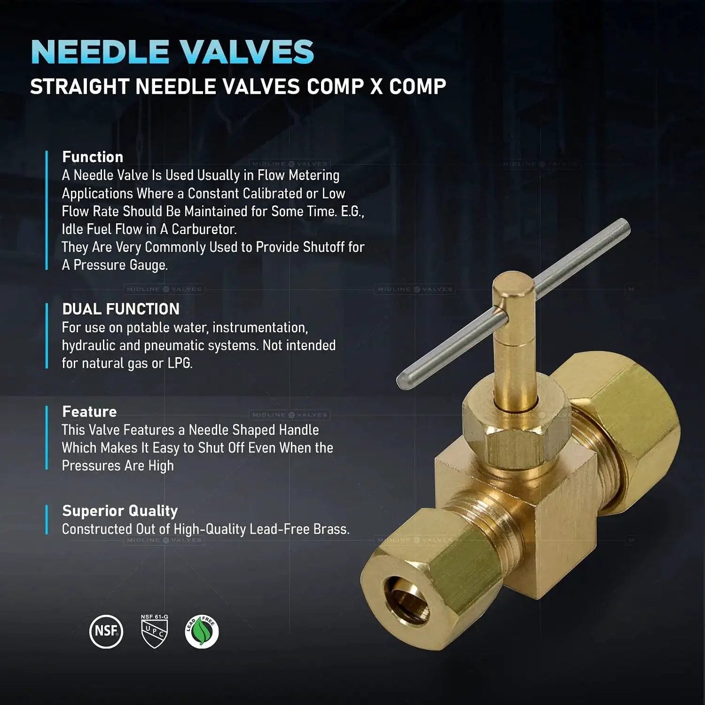 1 Quarter Inch Compression Straight Needle Valve Brass Lead Free, One Piece Body with needle shaped handle and features text.