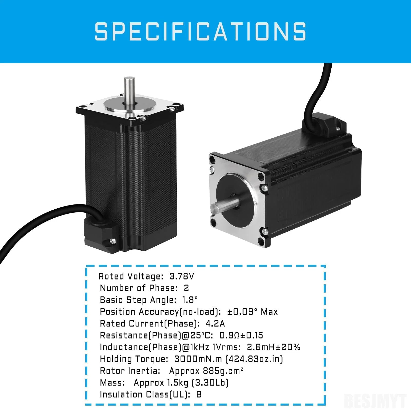 Front and side view of Nema 23 Stepper Motor 2000 Steps Per Revolution With Beefy 3000 mNm Torque 424.83 Oz In Bipolar 2 Phase 4 Lead 4.2 A 1.8 Degree For 3D Printer CNC Milling Engraving 100 Mm Long against a specifications background.