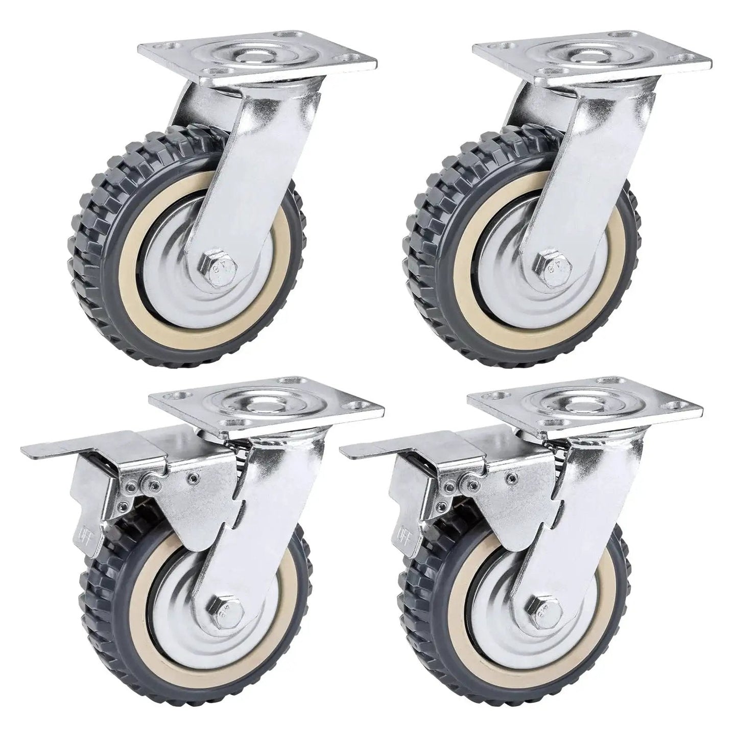 4 Pack 6 Inch Heavy Duty All 360 Degree Swivel Caster Wheels With 2 Brakes And 2 Non Brake Polyurethane Wheels 551 Lbs Per Wheel 1653 Lbs Total Load Capacity Plate Casters For Workbenches Carts And Furniture, metal frame, rubberized surface.
