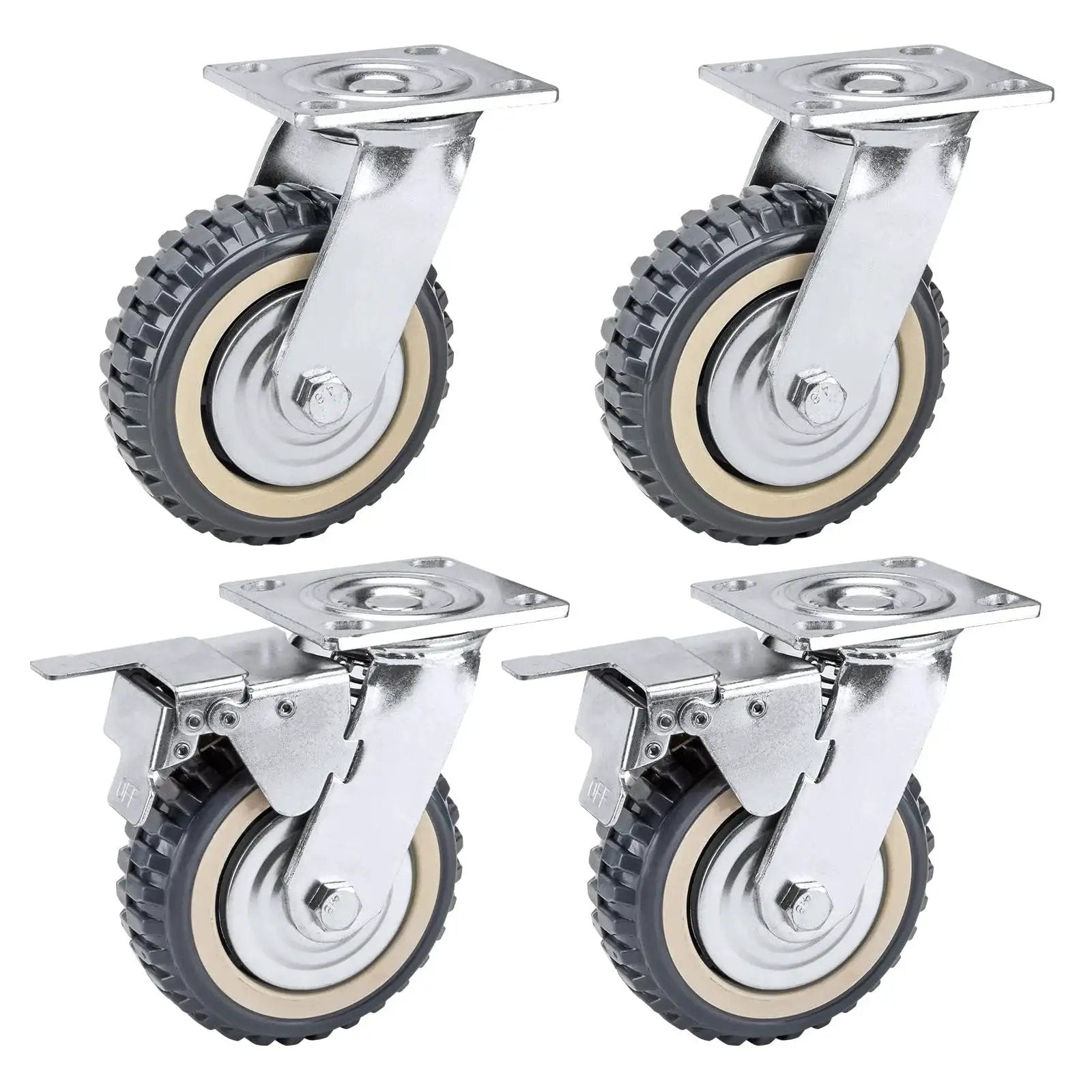 4 Pack 6 Inch Heavy Duty All 360 Degree Swivel Caster Wheels With 2 Brakes And 2 Non Brake Polyurethane Wheels 551 Lbs Per Wheel 1653 Lbs Total Load Capacity Plate Casters For Workbenches Carts And Furniture, metal frame, rubberized surface.