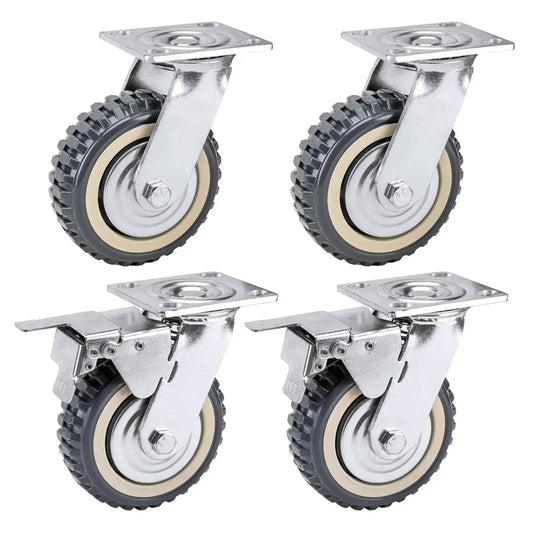 4 Pack 6 Inch Heavy Duty All 360 Degree Swivel Caster Wheels With 2 Brakes And 2 Non Brake Polyurethane Wheels 551 Lbs Per Wheel 1653 Lbs Total Load Capacity Plate Casters For Workbenches Carts And Furniture, metal frame, rubberized surface.