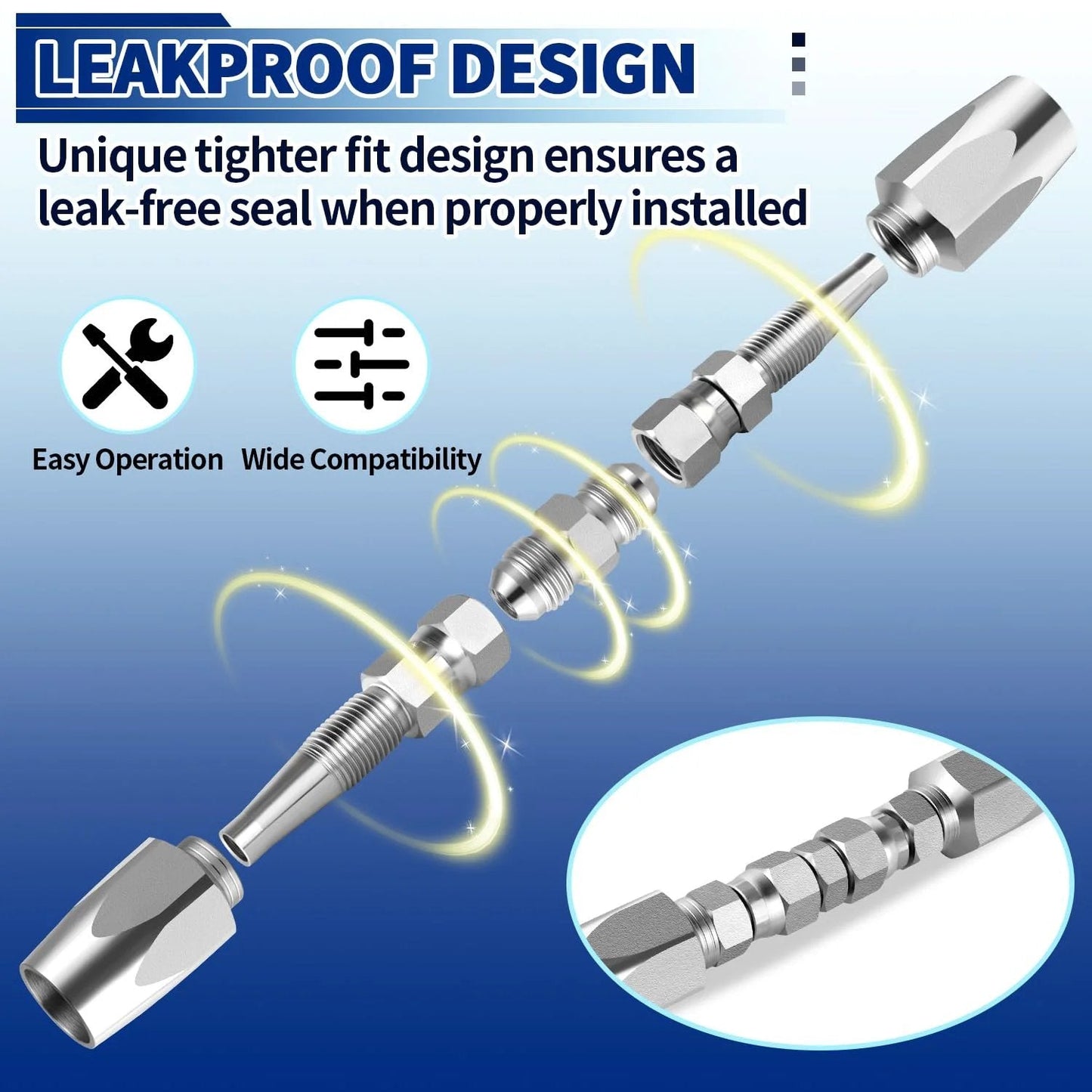 Exploded view of One Quarter Inch Inner Diameter Hydraulic Hose Field Ready Repair Kit With Reusable Heavy Duty Galvanized Steel Fittings