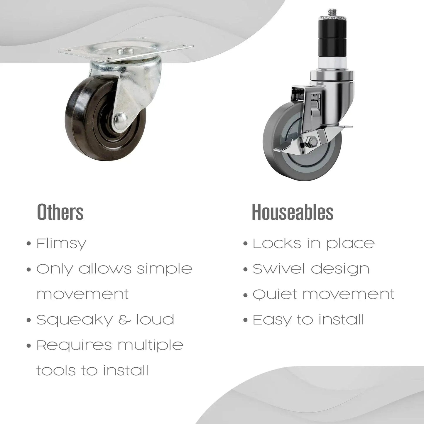 Comparison of two 4-Inch Table Casters, one with expanding stem, stainless steel, and non-marring rubber wheel, labeled 'Houseables'.