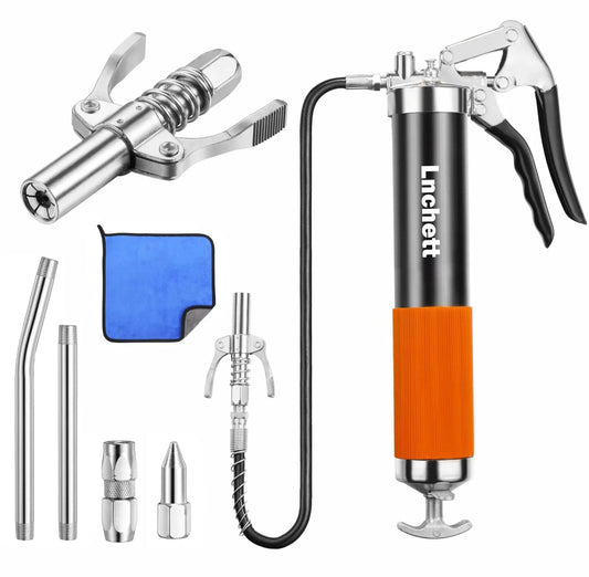 Heavy Duty 9000 PSI Grease Gun With Quick Release Coupler And 18 Inch Spring Flex Hose 14 Oz Capacity Includes Reinforced Coupler
