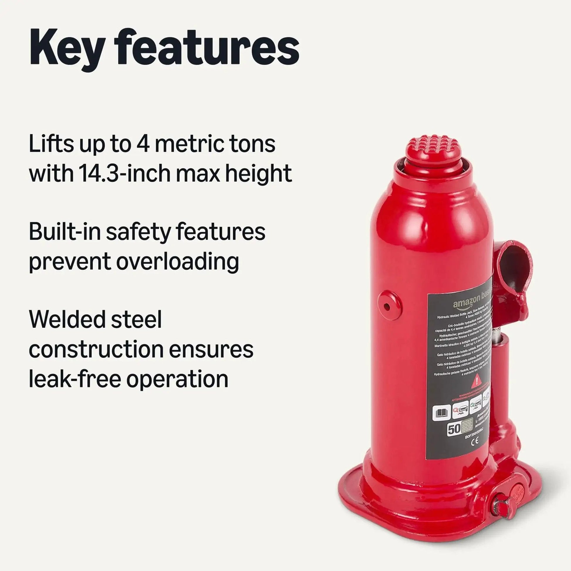 Hydraulic Bottle Jack For Vehicles With 4 Ton Capacity 4000 Kg Slow Release Valve Welded Construction Red Finish Wide Base