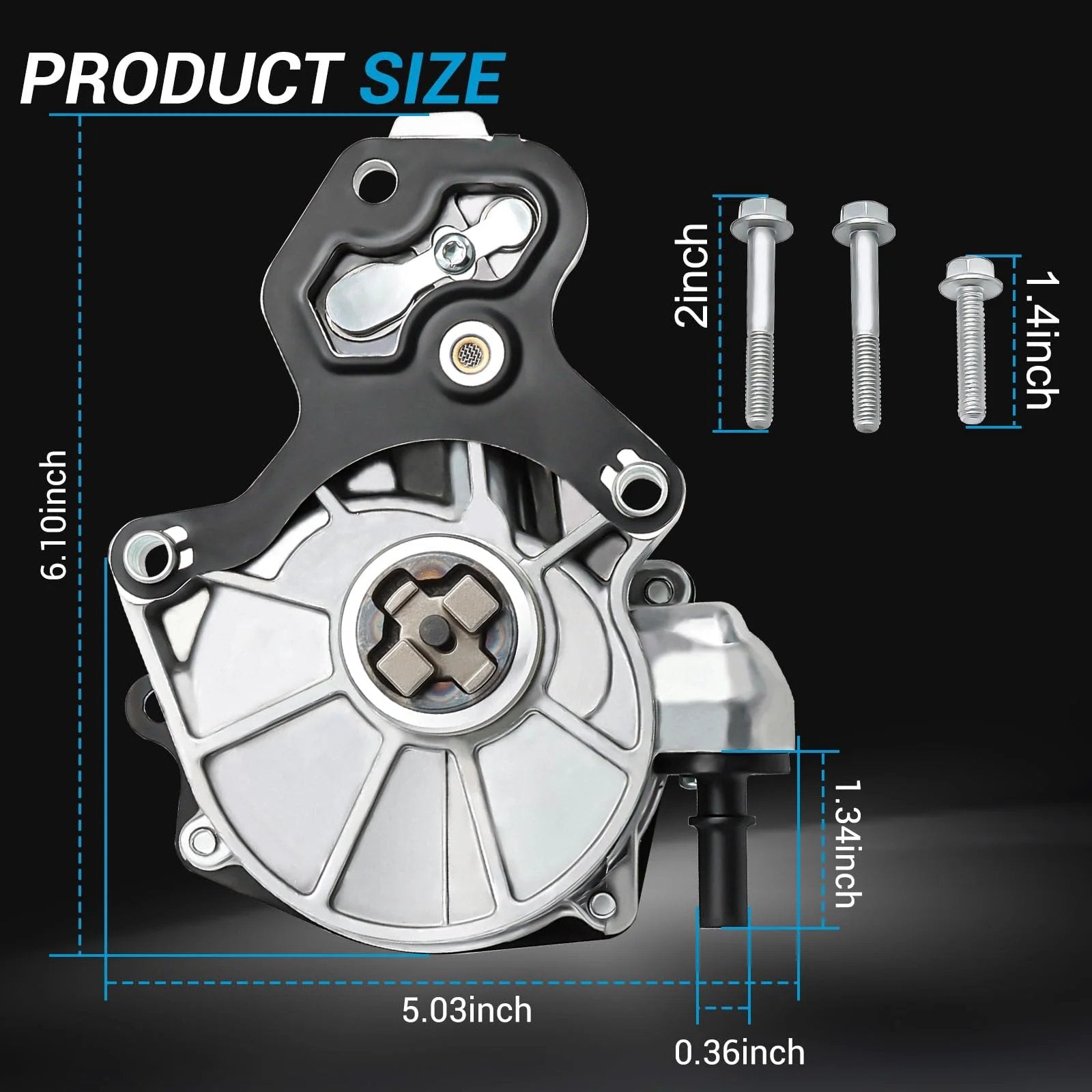 Direct Fit Brake Vacuum Pump For GM Rides Fits Chevrolet Impala 2014 Through 2019 Malibu 2013 Through 2015 Blazer showing dimensions