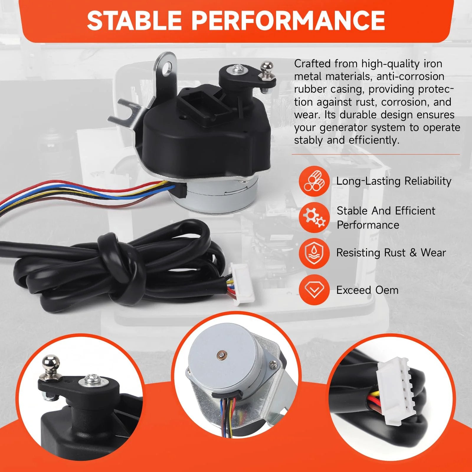 Dialed In Stepper Motor Assembly For Generac Guardian GTH990 HSB Generators, Compatible With 990 992 999 Series, Replaces 0G6453 GTH990 HSB, Precise Frequency Control For Stable, Efficient Power Delivery, visible in detailed product display with wiring and robust metal casing.