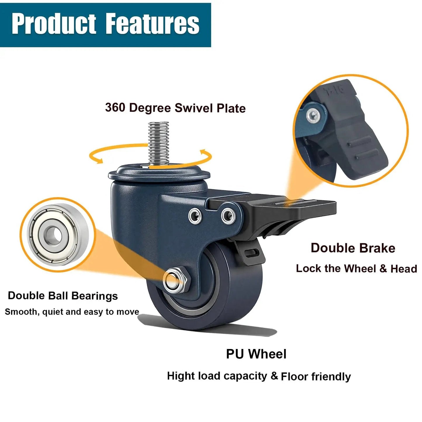 Heavy Duty M8 1.25 Threaded Stem Caster Wheels Set Of 4 1.6 Inch Swivel PU Castors With Locking Brake, blue with product features.