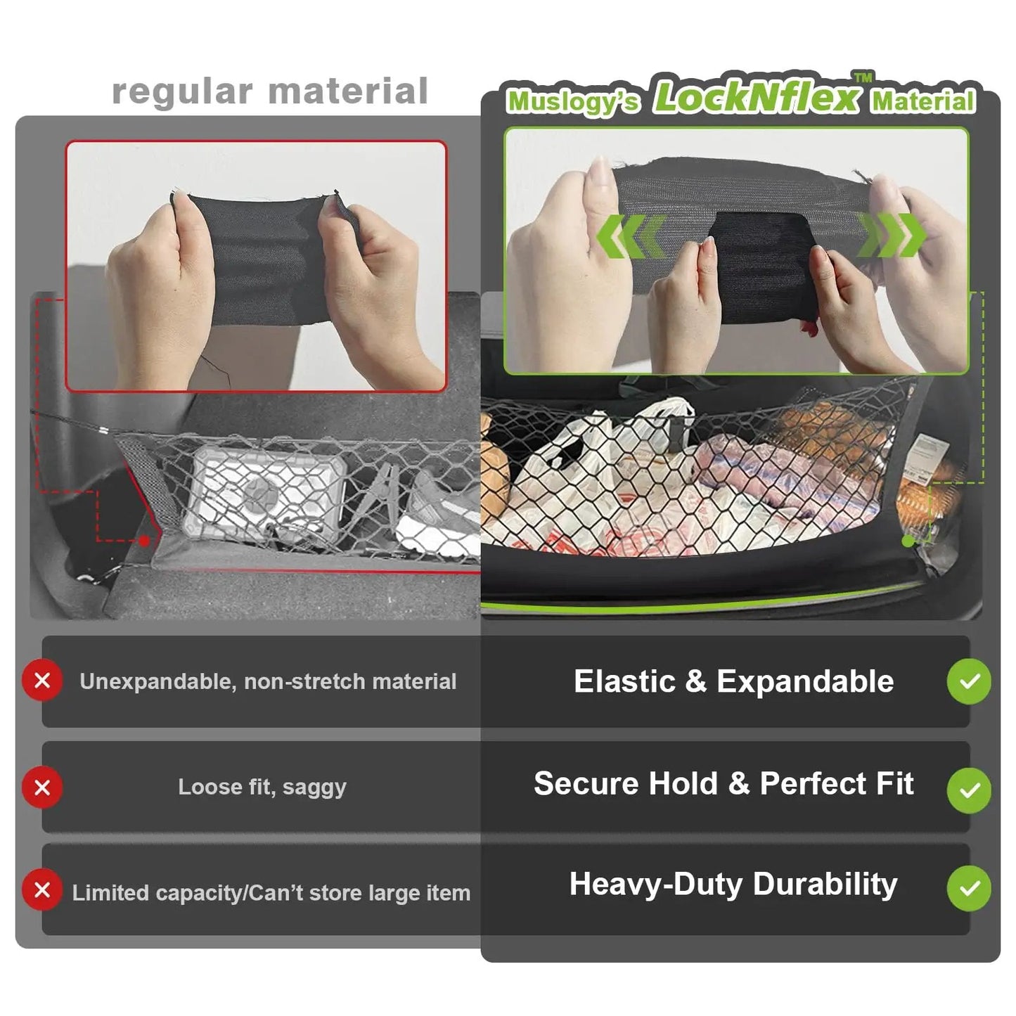 Comparison of truck bed cargo net materials showing LockNflex material on the right for Chevy Silverado and GMC Sierra 2019 to 2025.