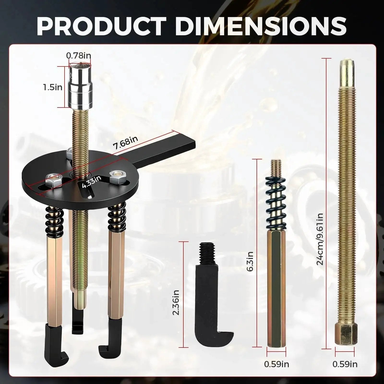 Detailed dimensions of 36 In 1 Bearing Puller Kit With Switchable Two Mode Blind Hole Puller for vehicles and machinery